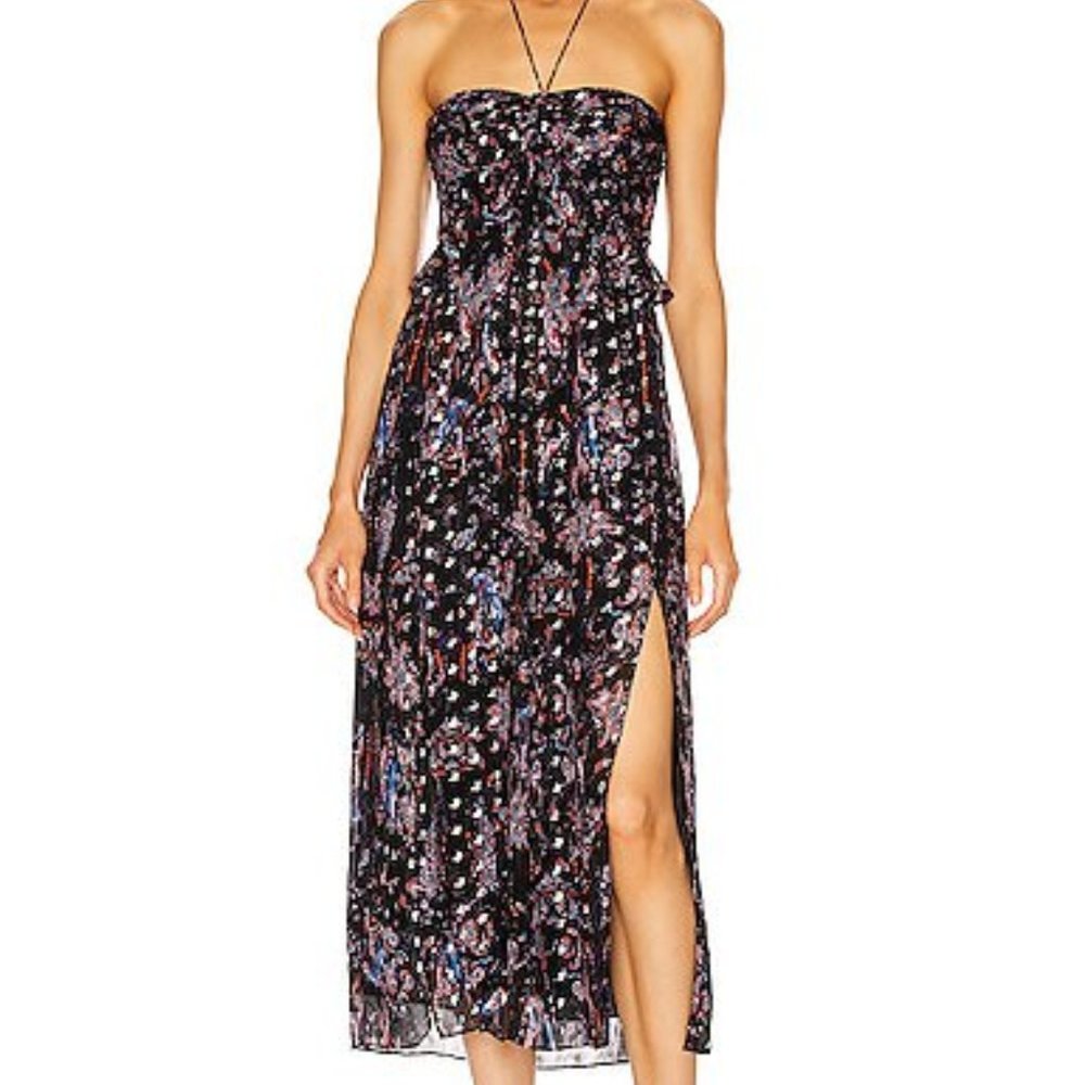 IRO Black Floral Strapless Maxi Dress with Pink & Blue Accents
